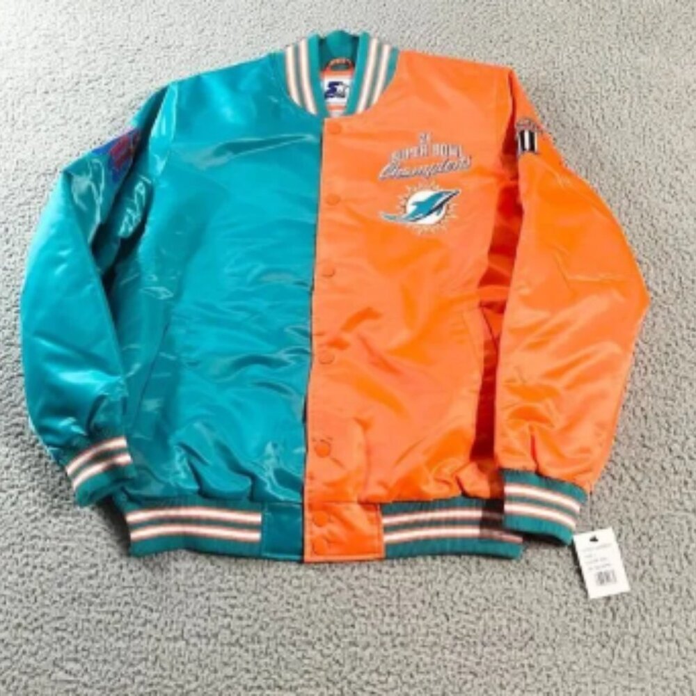 Starter Miami Dolphin Jacket‎ Mens Large Orange Blue Varsity Bomber Super Bowl
